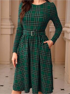 SHEIN Green Plaid Long-Sleeve Belted Fit-and-Flare Dress